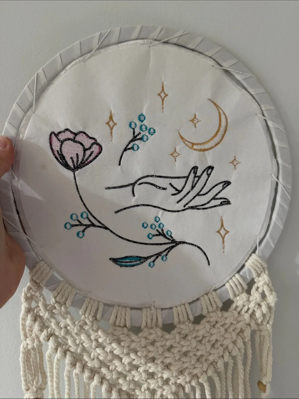 Bohemian Cream Macrame Wall Hanging with Floral witchy Embroidery